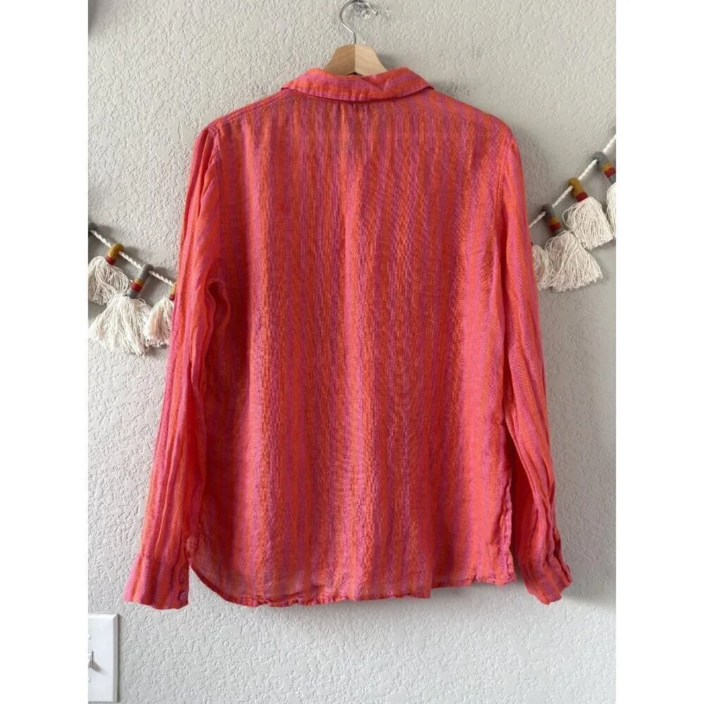 Nicole Miller 100% Linen Pink Orange Striped Button Up Top Beachy Coastal Vacay